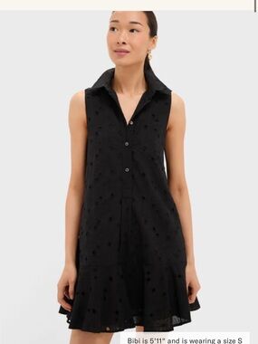 Sleeveless Black Eyelet Mini Dress with Collared V-Neck